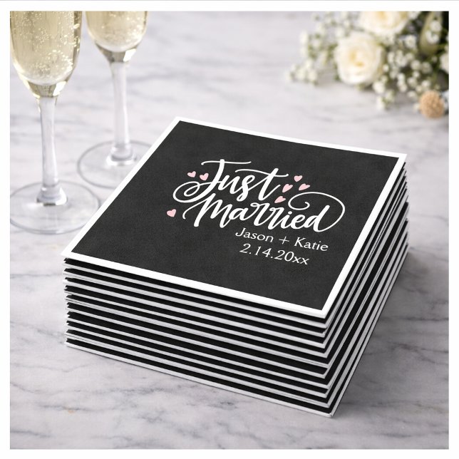 HEARTS Just Married Script Names Wedding Day Napkins (Creator Uploaded)