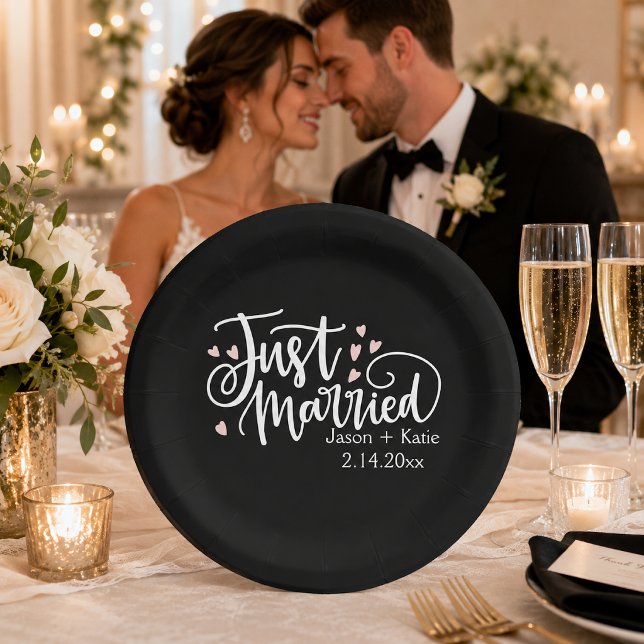 HEARTS Just Married Script Names Wedding Day Paper Plates (Creator Uploaded)