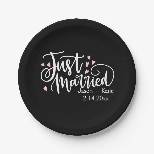 HEARTS Just Married Script Names Wedding Day Paper Plates (Front)