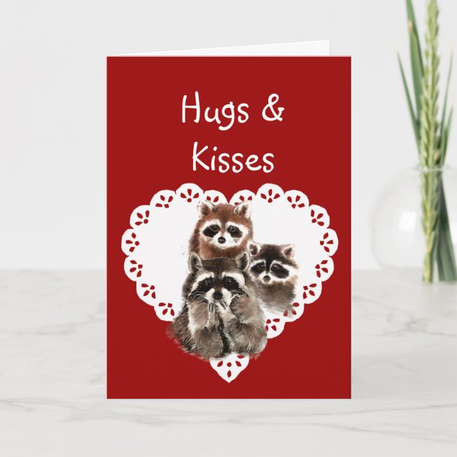 Hearts & Kisses from Kids with Raccoon Valentine Holiday Card (Front)
