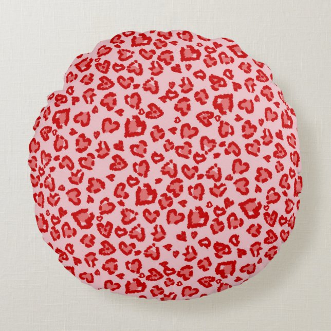 Hearts Leopard Pattern in Red on Blush Round Pillow (Front)