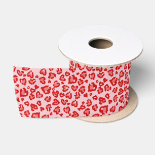 Hearts Leopard Pattern in Red on Blush Satin Ribbon