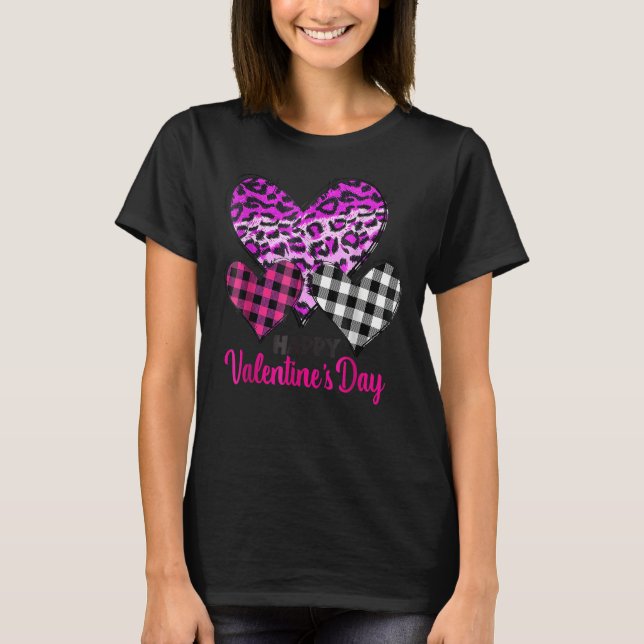 Hearts Leopard Plaid Love Happy Valentines Day For T-Shirt (Front)