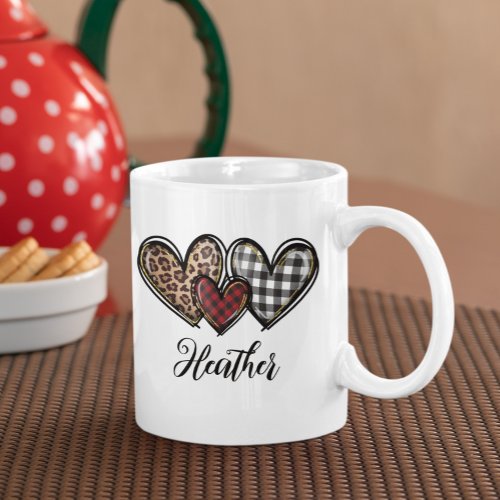 Hearts Leopard Plaid Valentines day Personalized Coffee Mug
