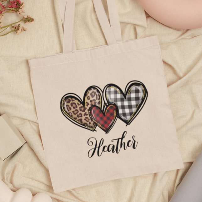 Hearts Leopard Plaid Valentine's day Personalized Tote Bag (Creator Uploaded)