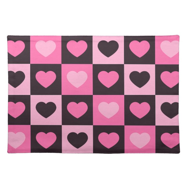 Hearts light pink hot pink dark burgundy Checkered Cloth Placemat (Front)