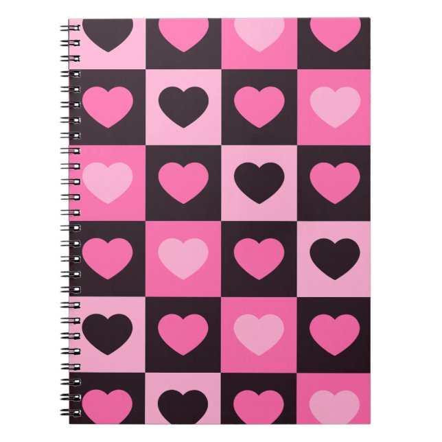 Hearts light pink hot pink dark burgundy Checkered Notebook (Front)