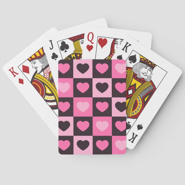 Hearts light pink hot pink dark burgundy Checkered Poker Cards (Back)