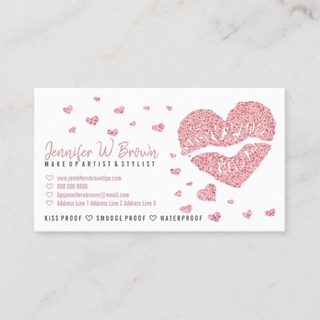 Hearts Lips Rose Gold Glitter Glossy Lipstick Business Card
