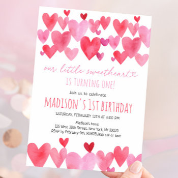 Hearts Little Sweetheart First Birthday Invitation by LittlePrintsParties at Zazzle