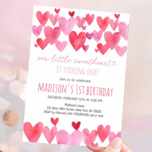 Hearts Little Sweetheart First Birthday Invitation