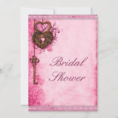 Hearts Lock and Key Pink Bridal Shower Invitation