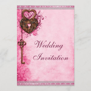 Hearts Lock and Key Pink Wedding Invitation