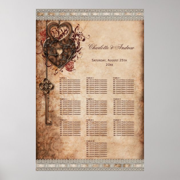 Hearts Lock And Key Wedding 10 Table Seating Chart