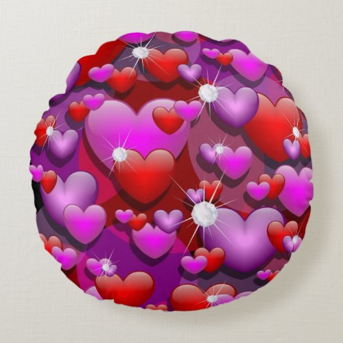 Hearts Love and Diamonds Round Pillow