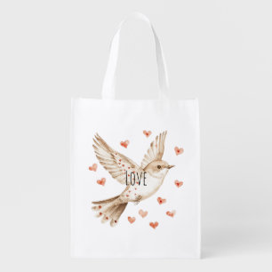Hearts Love Bird Roses Floral Grocery Bag