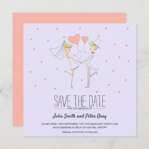Hearts Love Bride and Groom Cartoon Save The Date Invitation