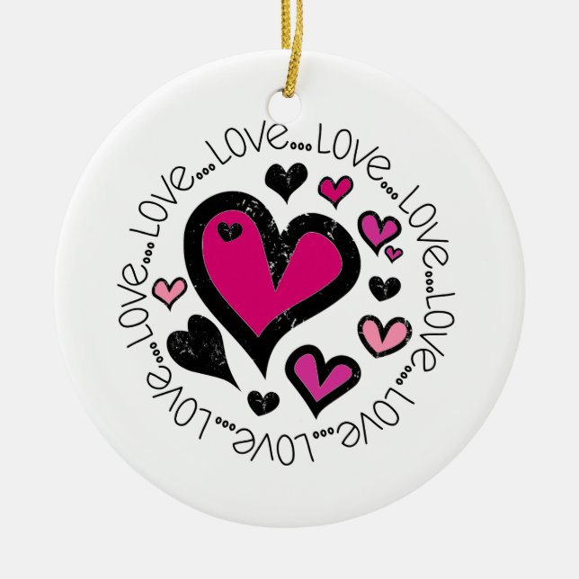 Hearts Love Love Love Ceramic Ornament (Front)