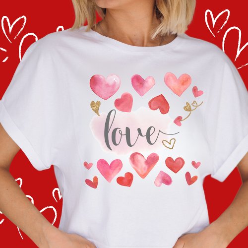 Hearts Love Modern Watercolor Pink Valentines Day T_Shirt