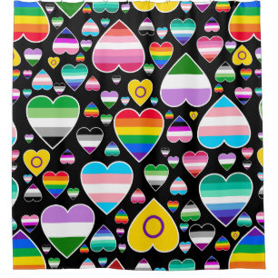 hearts love rainbow colorful pride flags lgbtq shower curtain