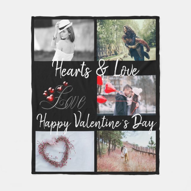 Hearts & Love Valentine's Day Black Photo Fleece Blanket (Front)