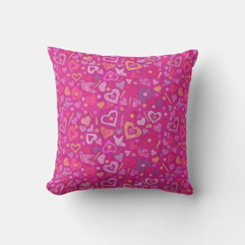 Hearts Love Valentines Day Collage Pattern Fuchsia Throw Pillow
