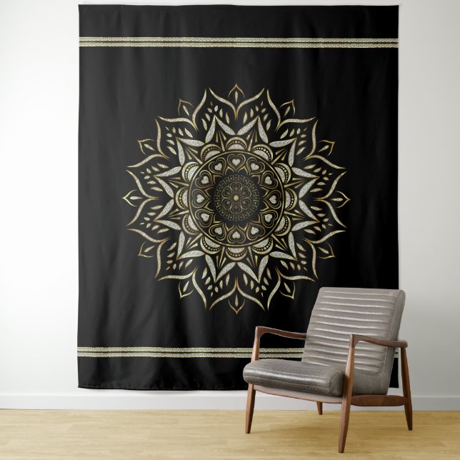 Hearts Mandala On a  Black Background Tapestry (In Situ)