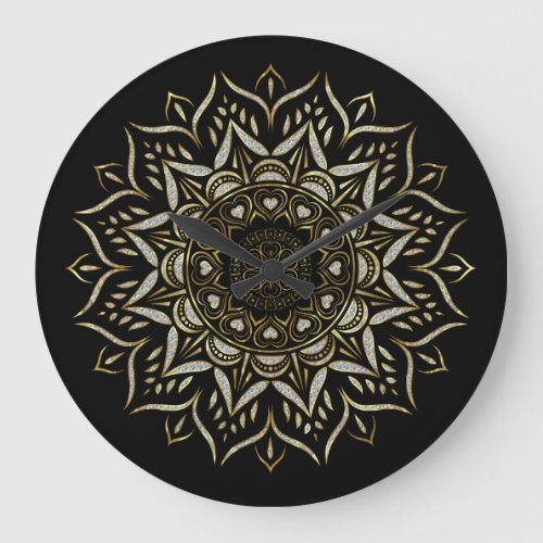 Hearts mandala White and gold faux glitter texture Large Clock