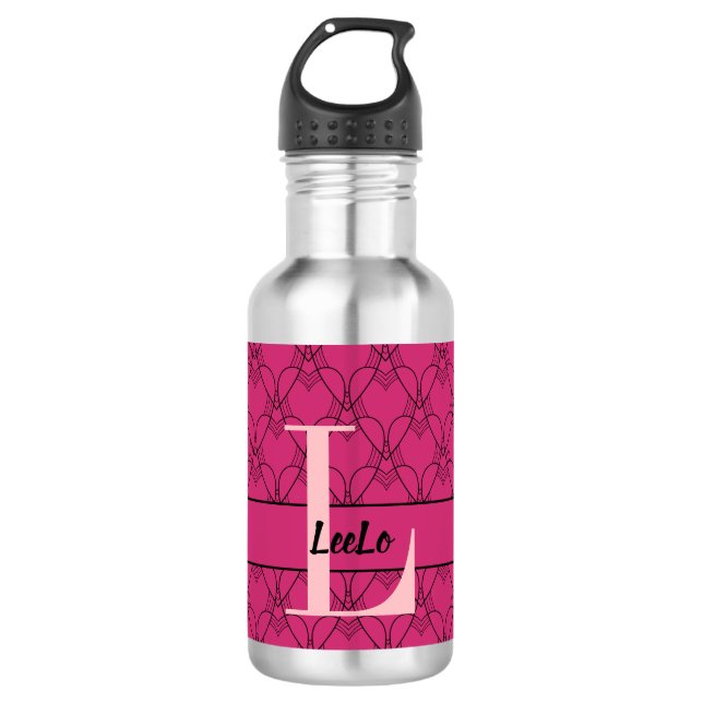Hearts Monogram and Name Custom Water Bottle (Front)