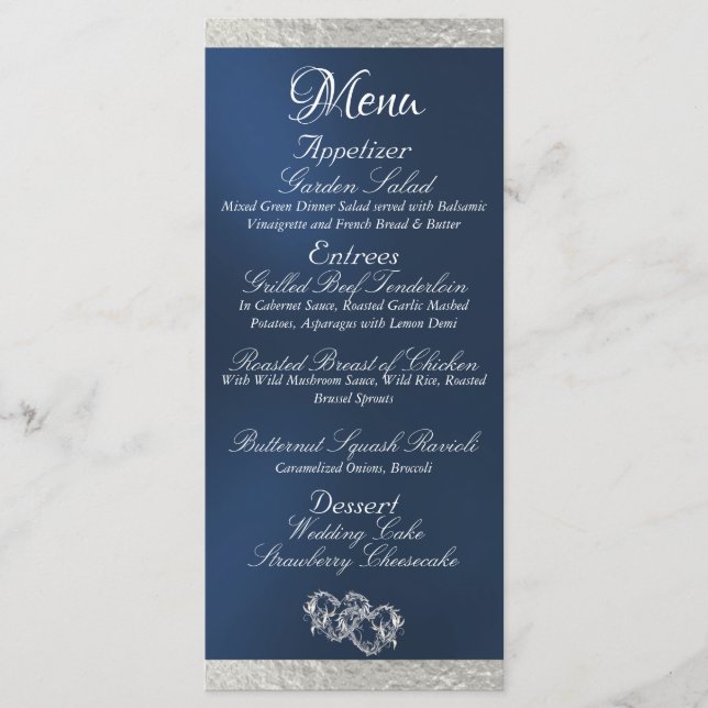Hearts & Monogram - Blue/Silver Wedding Menu (Front)