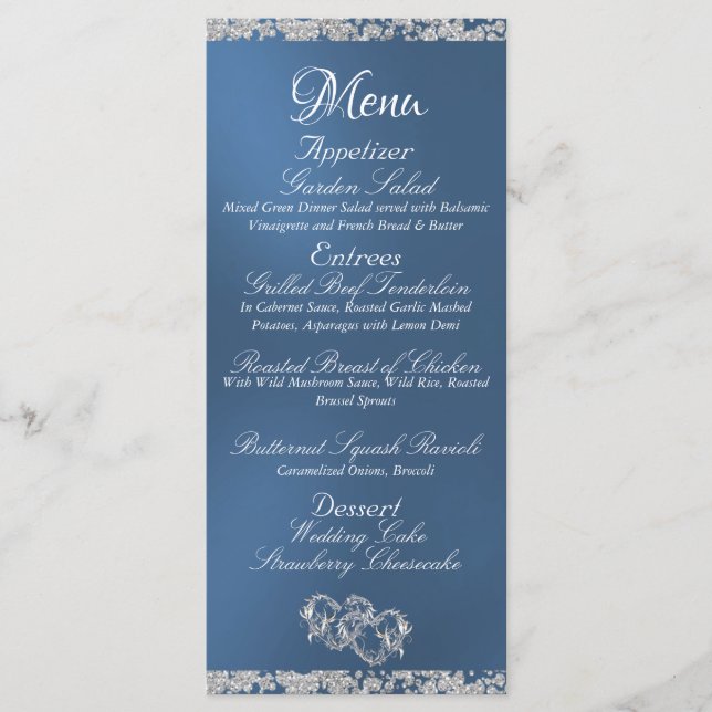 Hearts, Monogram & Glitter - Blue Wedding Menu (Front)
