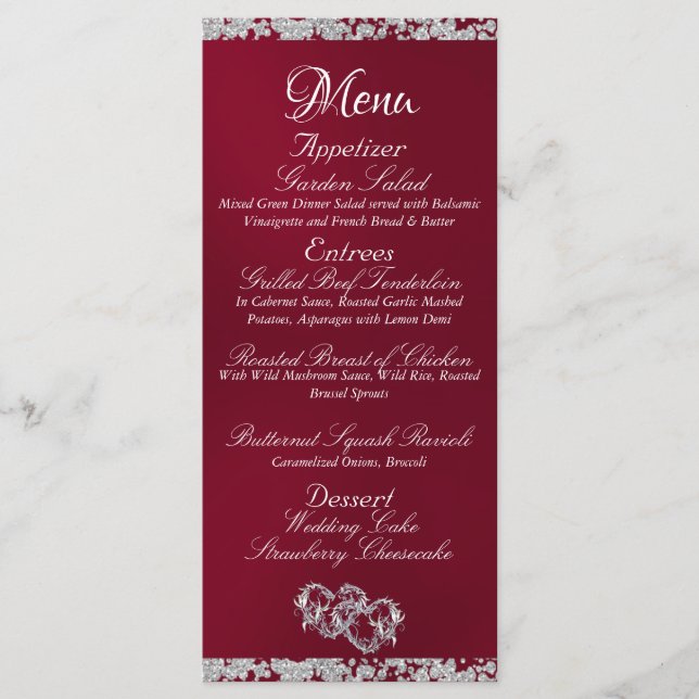 Hearts, Monogram & Glitter - Burgundy Wedding Menu (Front)