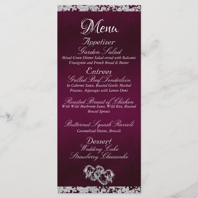 Hearts, Monogram & Glitter - Purple Wedding Menu (Front)