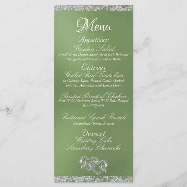 Hearts, Monogram & Glitter - Sage Wedding Menu (Front)