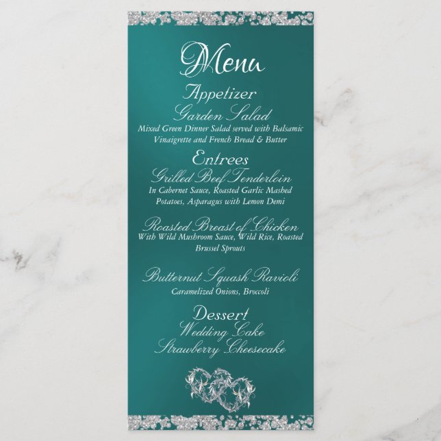 Hearts, Monogram & Glitter - Teal Wedding Menu (Front)