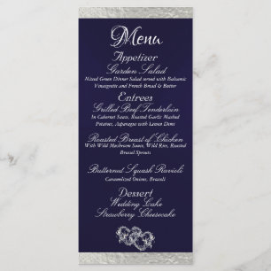 Hearts & Monogram - Navy Blue/Silver Wedding Menu