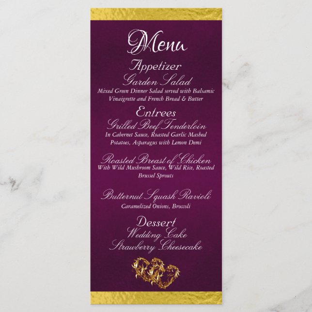 Hearts & Monogram - Purple/Gold Wedding Menu (Front)