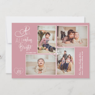 Hearts monogrammed 4 photos Christmas blush pink Holiday Card