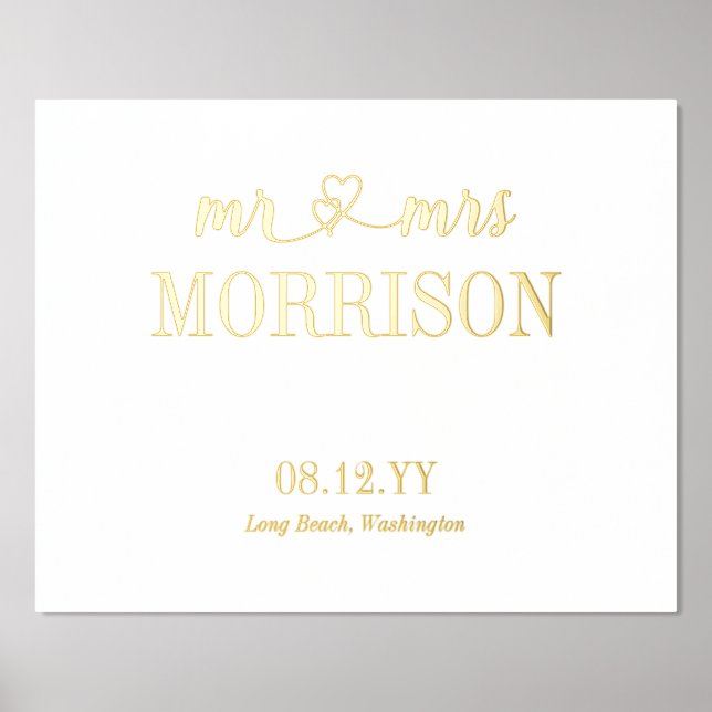 Hearts Mr & Mrs Last Name Wedding Date Foil Prints (Front)