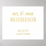 Hearts Mr & Mrs Last Name Wedding Date Foil Prints<br><div class="desc">Romantic wedding print with mr & mrs connected with interlocked hearts,  your shared last name in elegant tall letters,  your wedding date,  and wedding location,  all in gold foil on a white background.</div>
