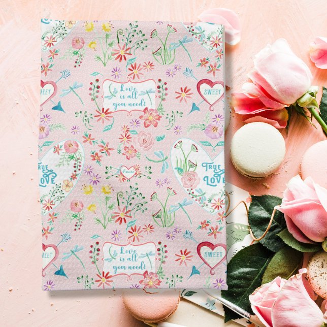 Hearts n Love Floral Dragonfly Valentines Day Kitchen Towel (Creator Uploaded)