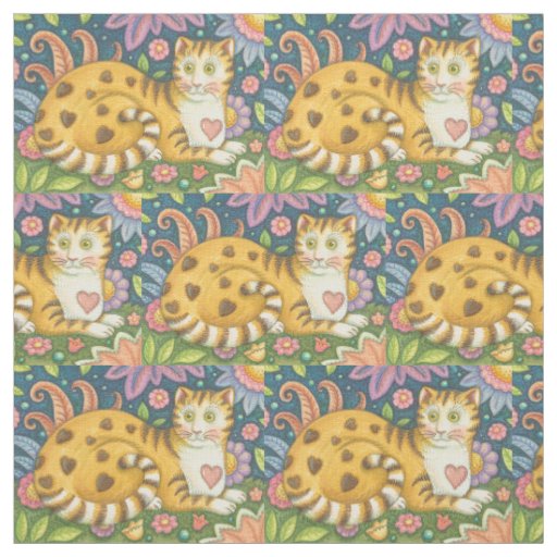Hearts N' Stripes Tabby CAT FOLK ART FABRIC