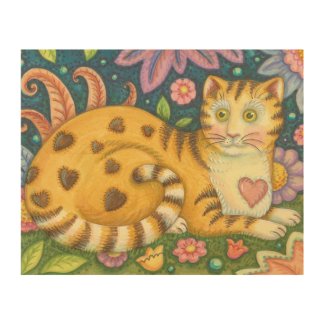 Hearts N' Stripes Tabby Cat Folk Art Wood Print