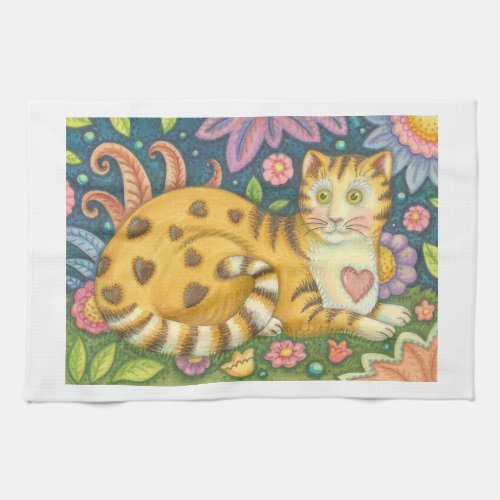 Hearts N Stripes Tabby Folk Art Cat Kitchen Towel