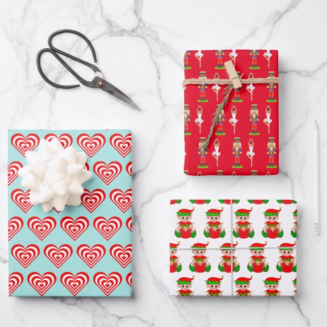 Hearts, Nutcracker and Christmas Elf Wrapping Paper Sheets (Front)