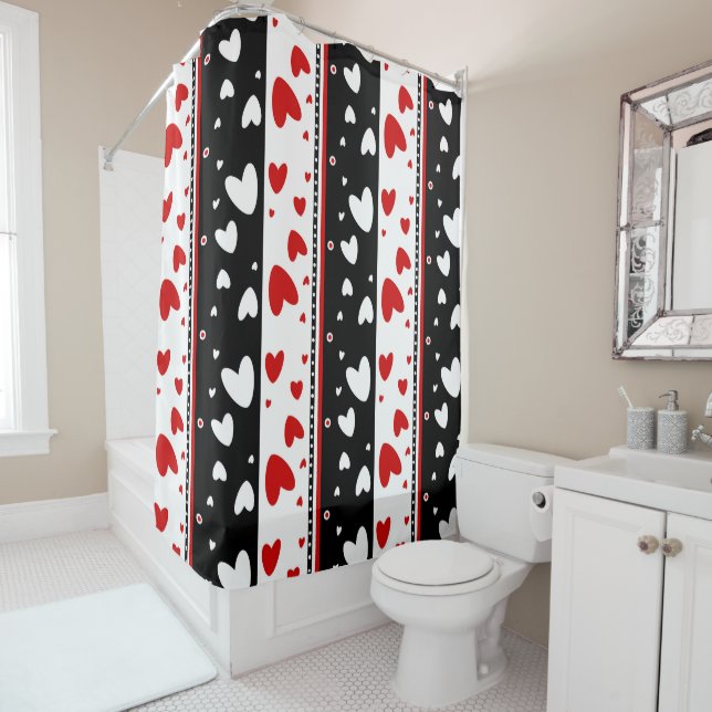  Hearts on a black and white background Shower Curtain (In Situ)