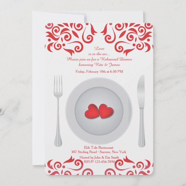 Hearts on a Plate Rehearsal Dinner Invitation (Front)
