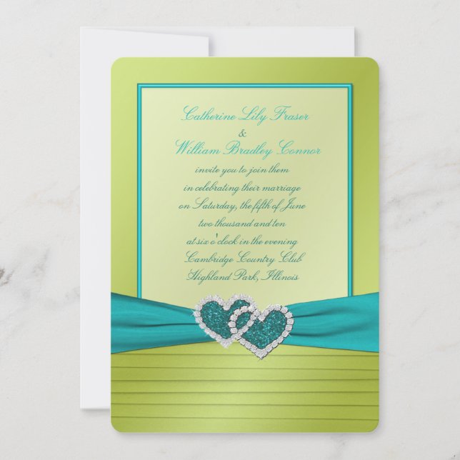 Hearts on Lime Pleats with Turquoise Invitation (Front)