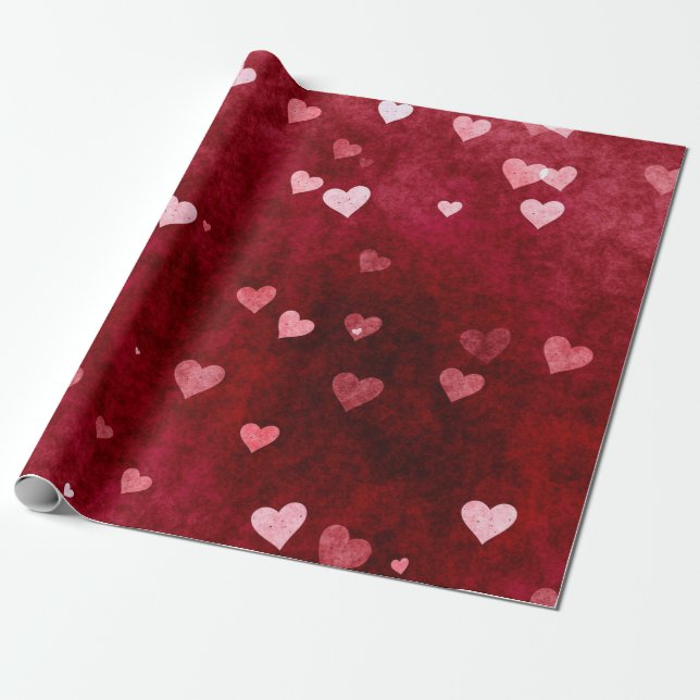 Hearts On Red Background Wrapping Paper (Unrolled)
