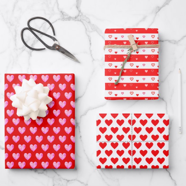 Hearts on Red & White Wrapping Paper Sheets (Front)